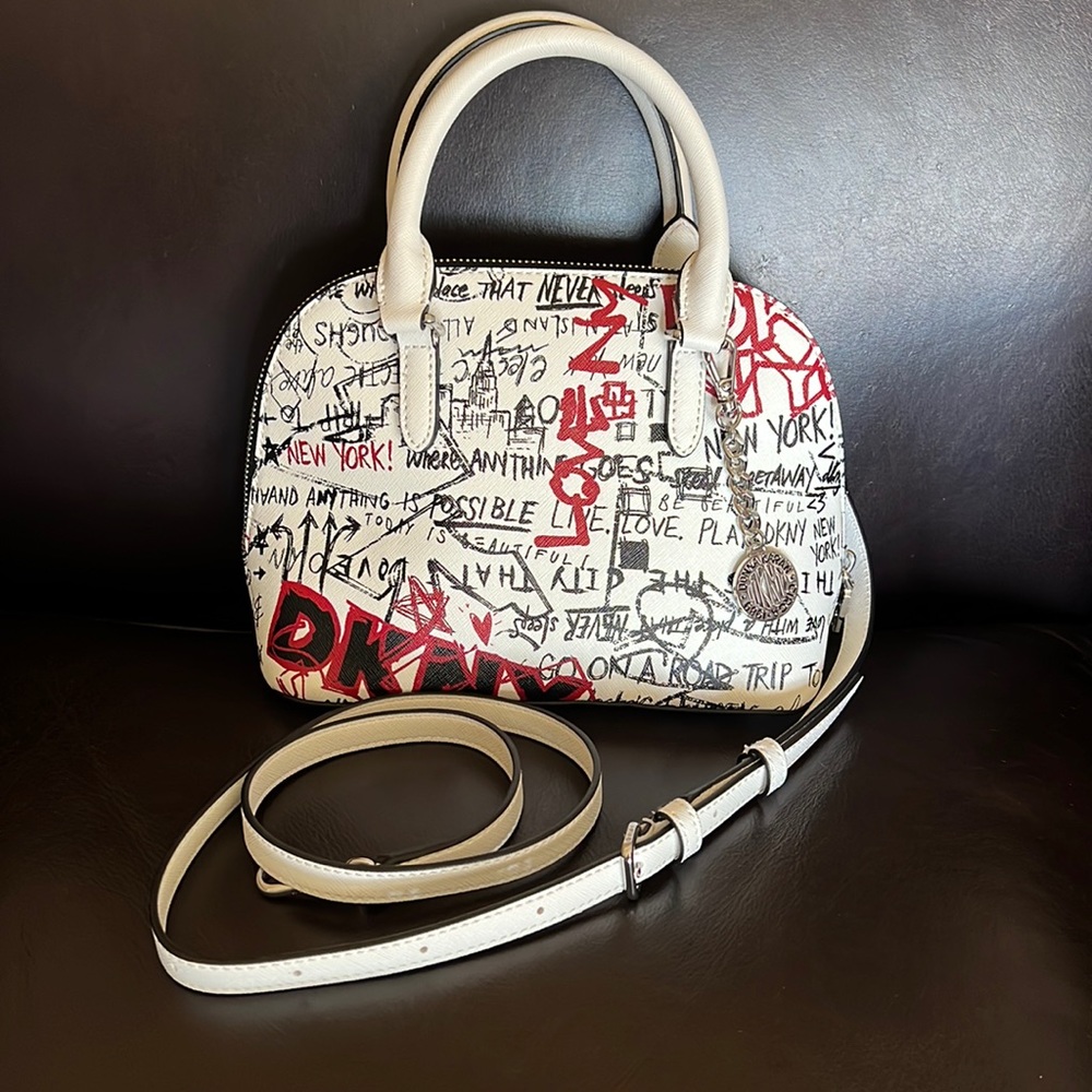 DKNY Erin Graffiti Dome Satchel White/Black & Red New York street graffiti.